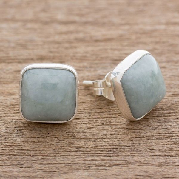 Alternate image for Natural Apple Green Maya Jade and Silver 925 Stud Earrings Apple Green Symmetry
