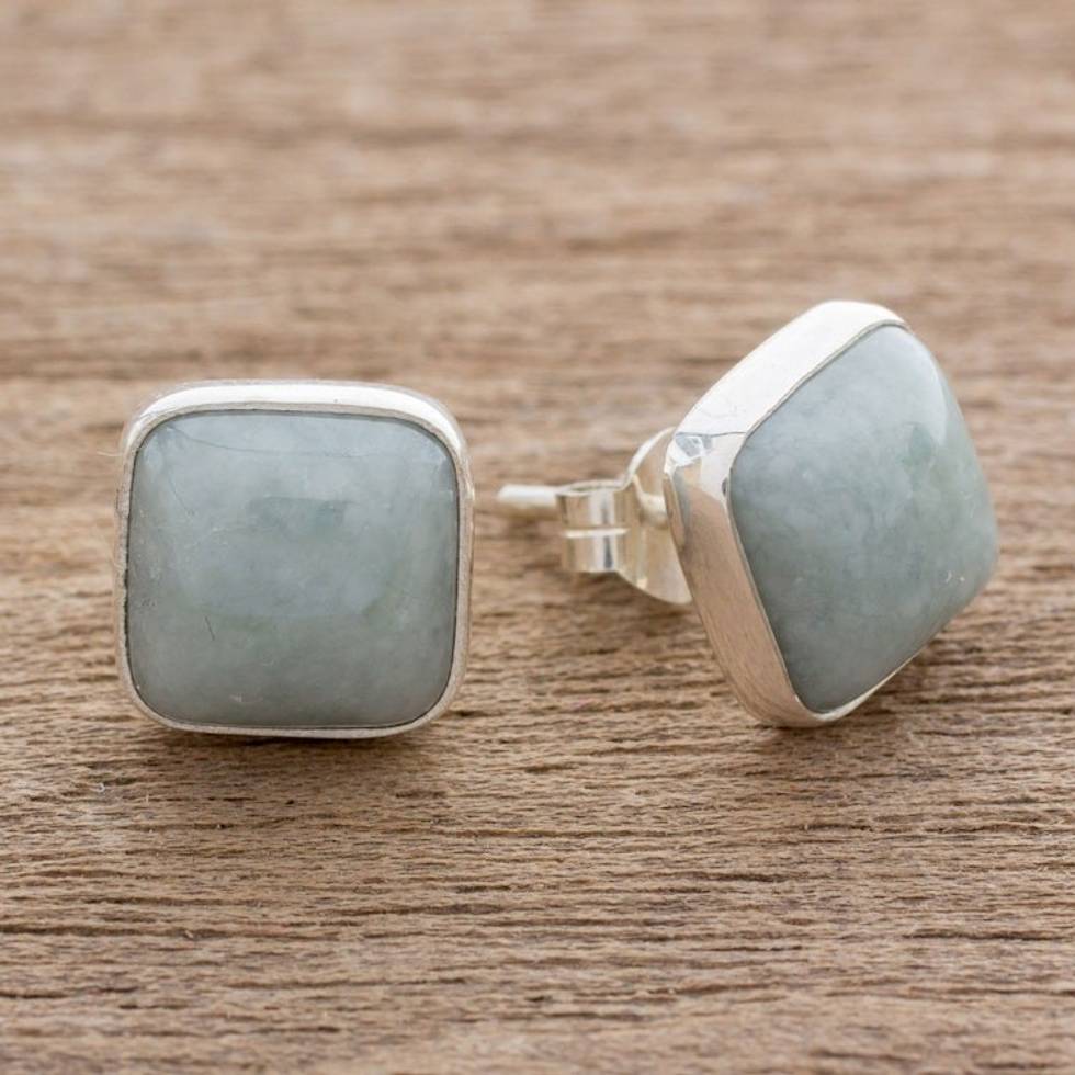 Natural Apple Green Maya Jade and Silver 925 Stud Earrings 'Apple Green Symmetry'