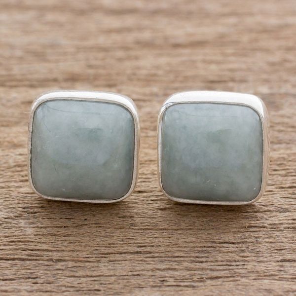 Alternate image for Natural Apple Green Maya Jade and Silver 925 Stud Earrings Apple Green Symmetry