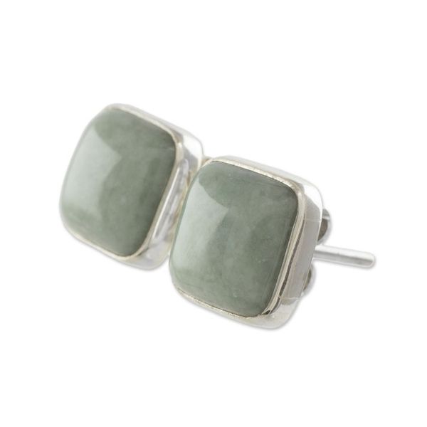 Alternate image for Natural Apple Green Maya Jade and Silver 925 Stud Earrings Apple Green Symmetry