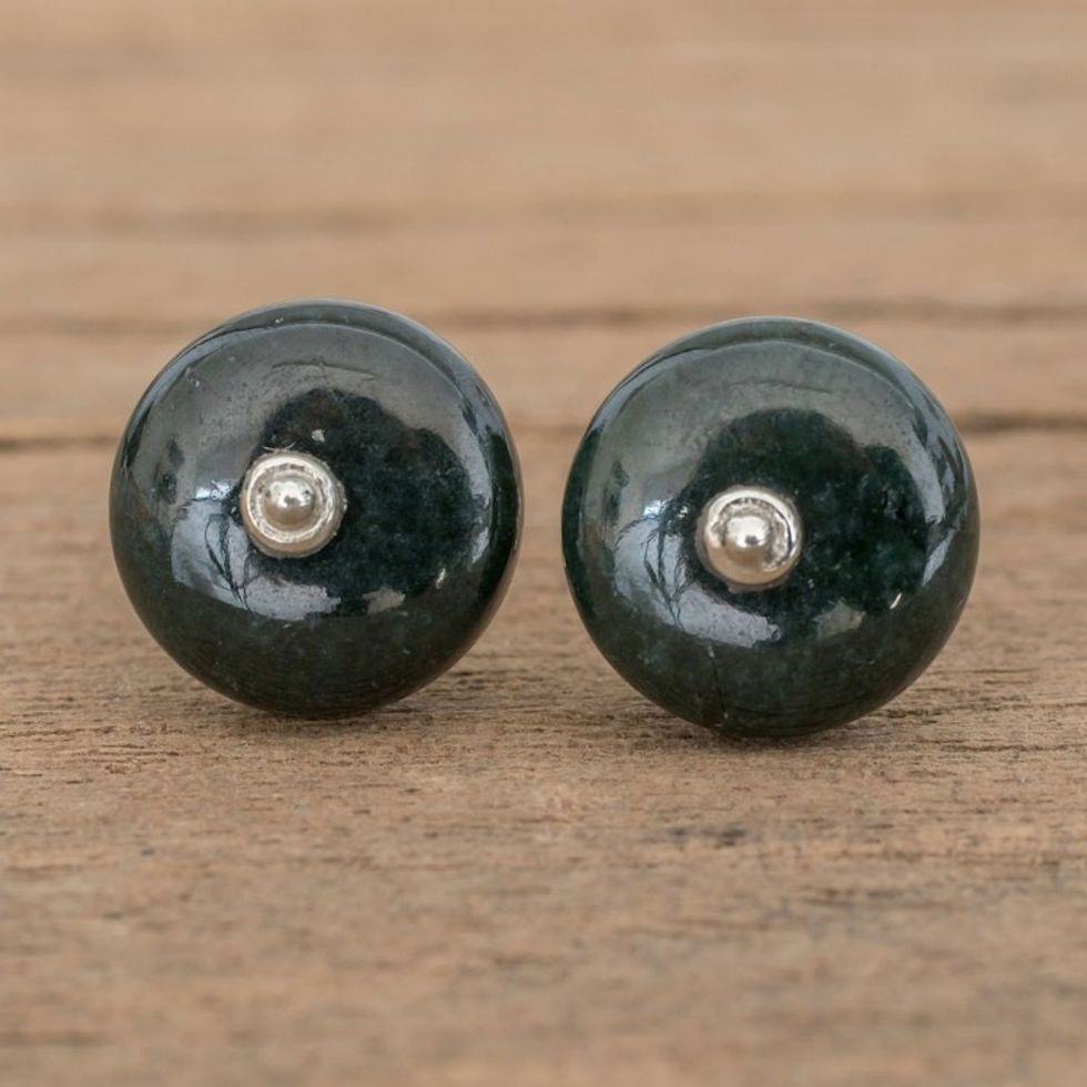 Circular Jade Stud Earrings in Dark Green from Guatemala 'Dark Green Mayan Medallions'