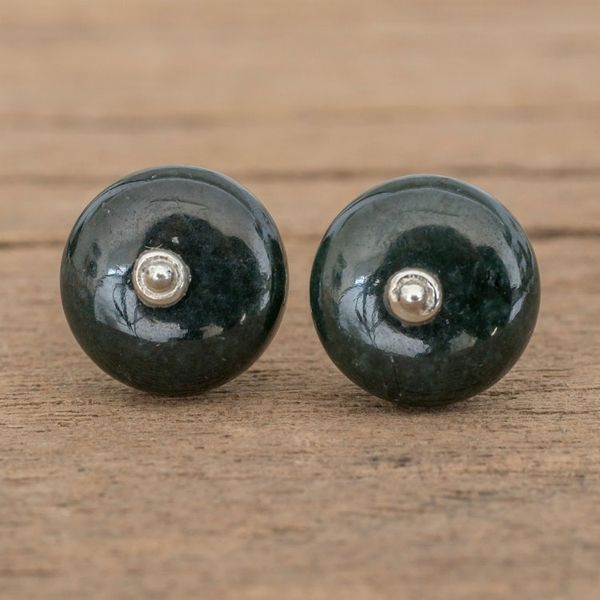 Alternate image for Circular Jade Stud Earrings in Dark Green from Guatemala Dark Green Mayan Medallions