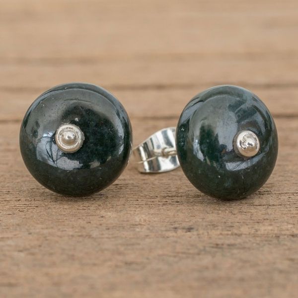 Alternate image for Circular Jade Stud Earrings in Dark Green from Guatemala Dark Green Mayan Medallions