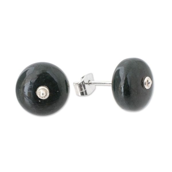 Alternate image for Circular Jade Stud Earrings in Dark Green from Guatemala Dark Green Mayan Medallions