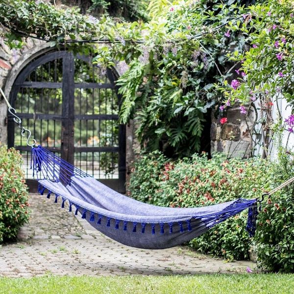 Alternate image for Handwoven Cotton Single Hammock in Sapphire from Guatemala Jacaranda Flowers