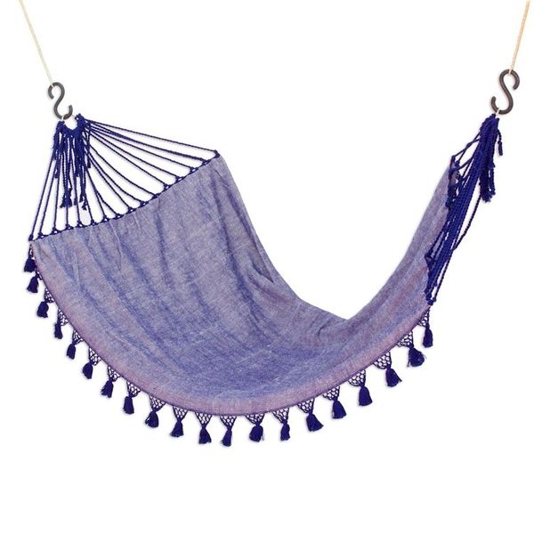 Alternate image for Handwoven Cotton Single Hammock in Sapphire from Guatemala Jacaranda Flowers