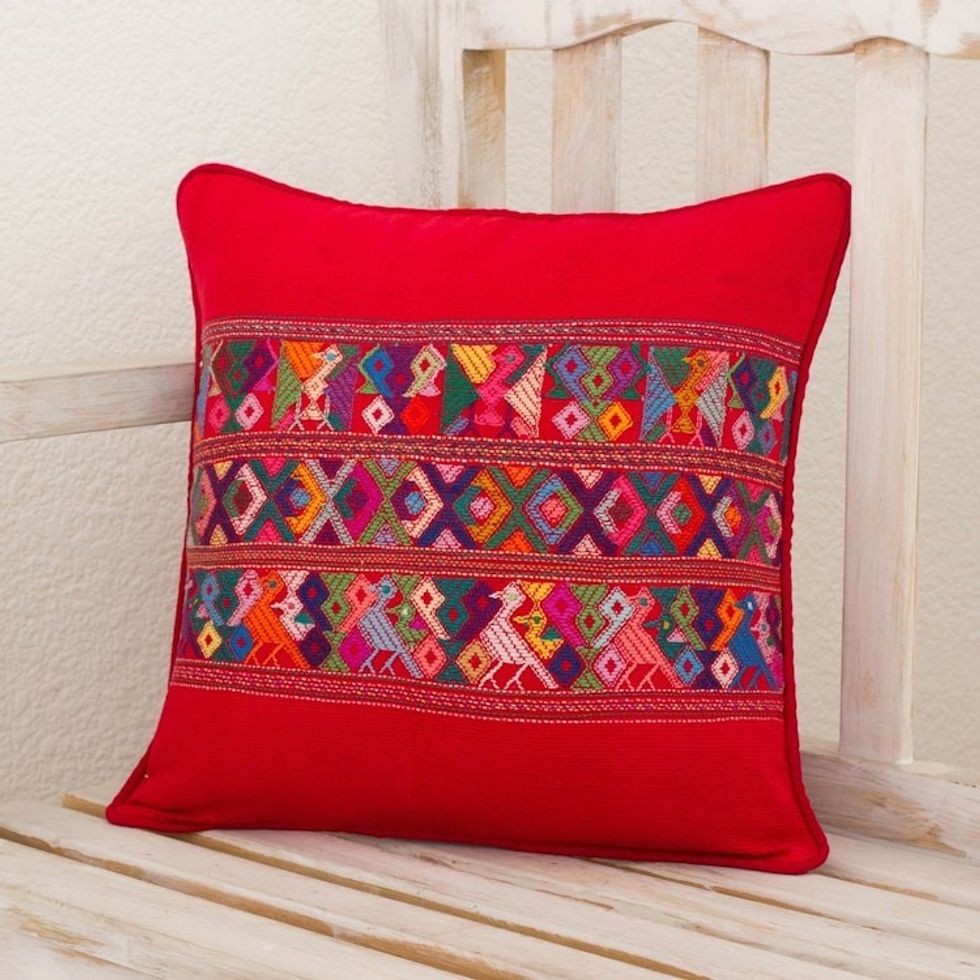 Maya Backstrap Loom Bird Theme Red Cotton Cushion Cover 'Red Quiche Birds'