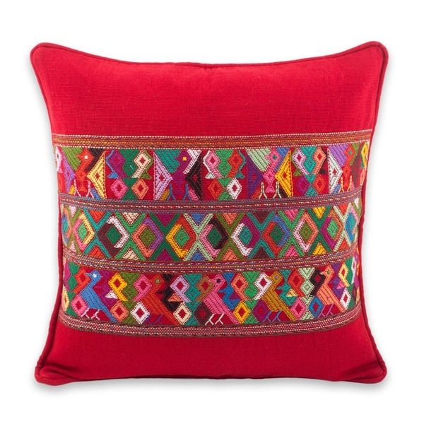 Alternate image for Maya Backstrap Loom Bird Theme Red Cotton Cushion Cover Red Quiche Birds