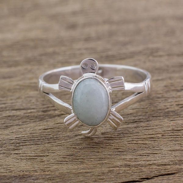 Alternate image for Guatemalan Handcrafted Light Green Jade Ring Light Green Marine Turtle
