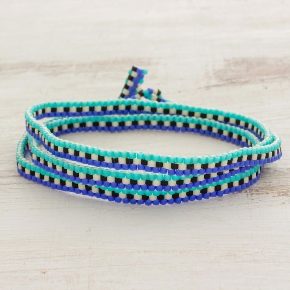 Salvadoran Fair Trade Blue and Black Beaded Wrap Bracelet 'Oceans of Stars'