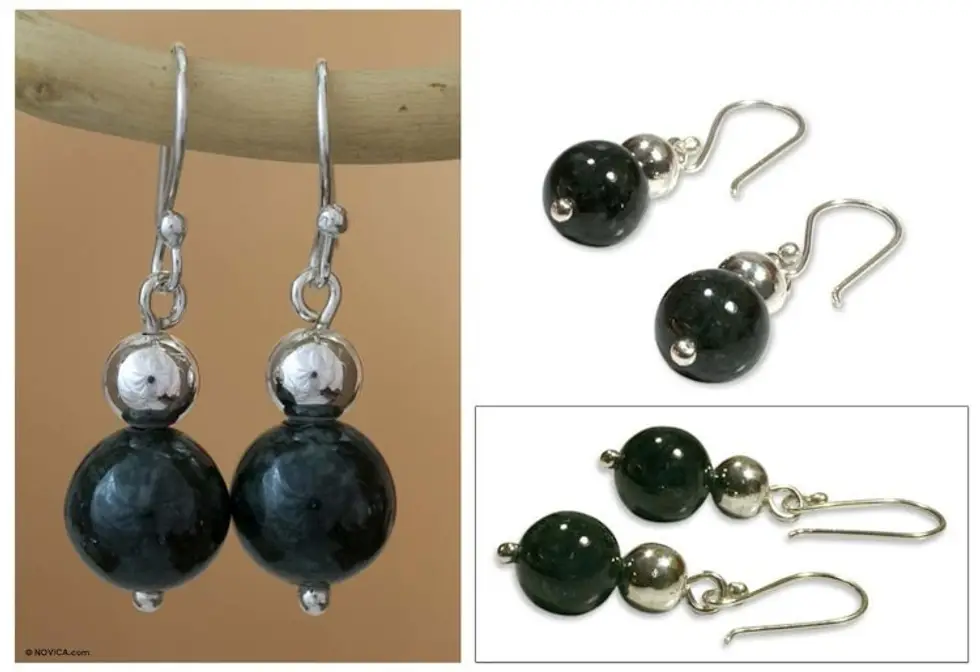 Collectible Sterling Silver Dangle Jade Earrings 'Double Moon in Dark Green'