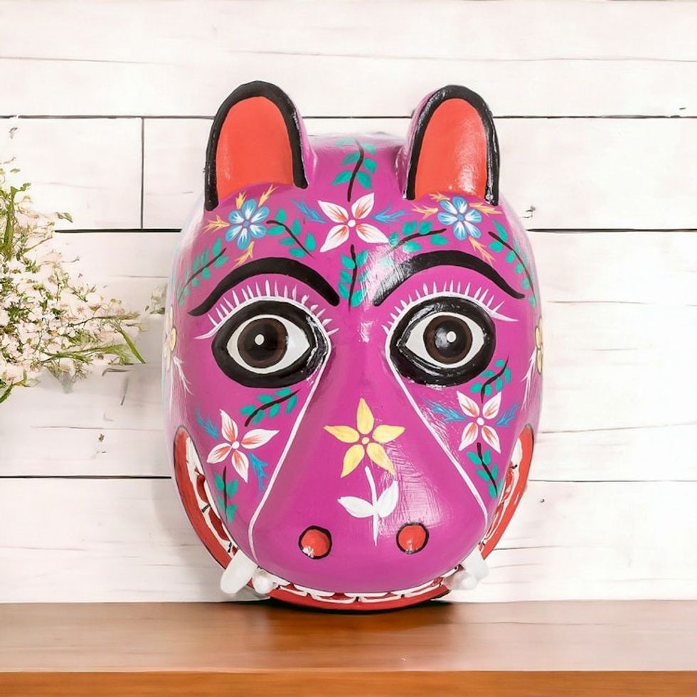 Artisan Crafted Traditional Wood Mask 'Purple Maya Jaguar'