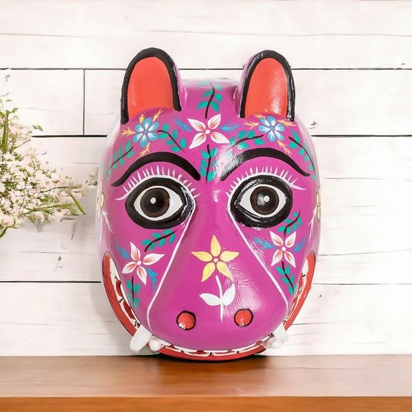 Alternate image for Artisan Crafted Traditional Wood Mask Purple Maya Jaguar