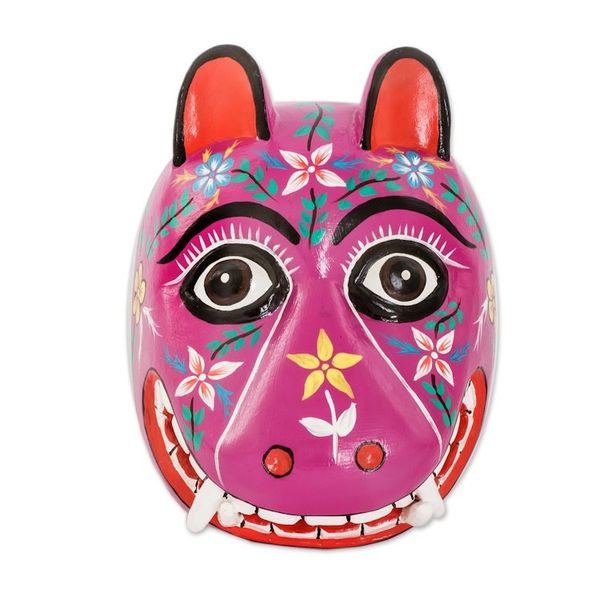 Alternate image for Artisan Crafted Traditional Wood Mask Purple Maya Jaguar