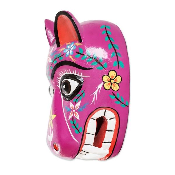 Alternate image for Artisan Crafted Traditional Wood Mask Purple Maya Jaguar