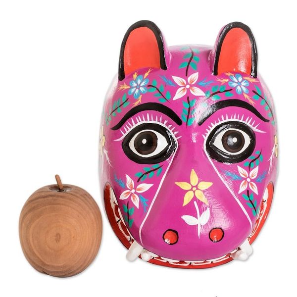 Alternate image for Artisan Crafted Traditional Wood Mask Purple Maya Jaguar