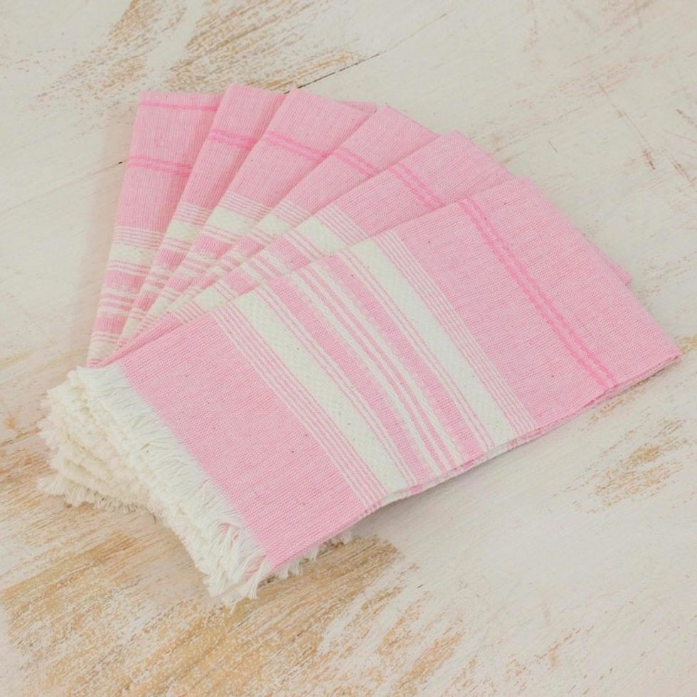 Pink Striped 100 Cotton Napkins from Guatemala Set of 6 'Rosy Inspiration'