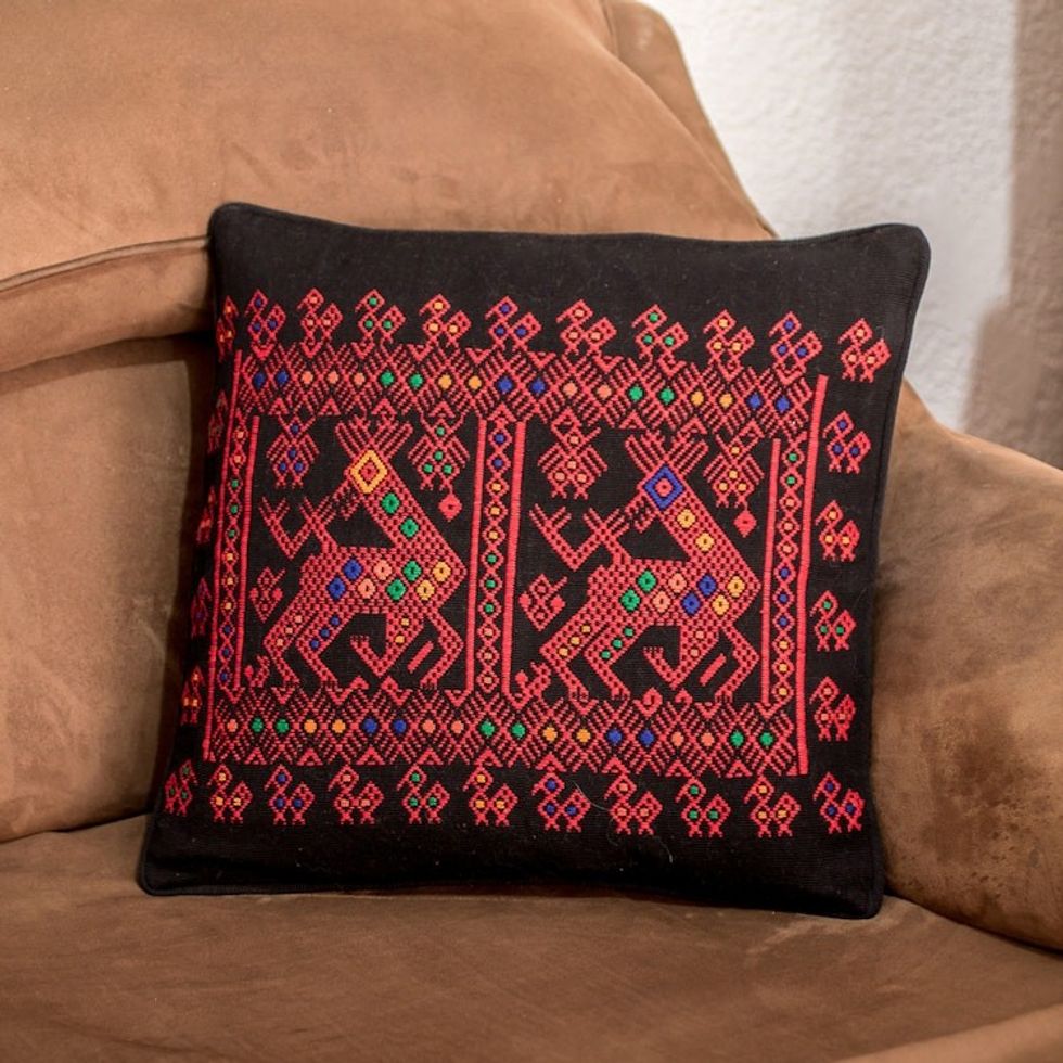 Red Deer Theme Maya Backstrap Black Cotton Cushion Cover 'Red Maya Deer'