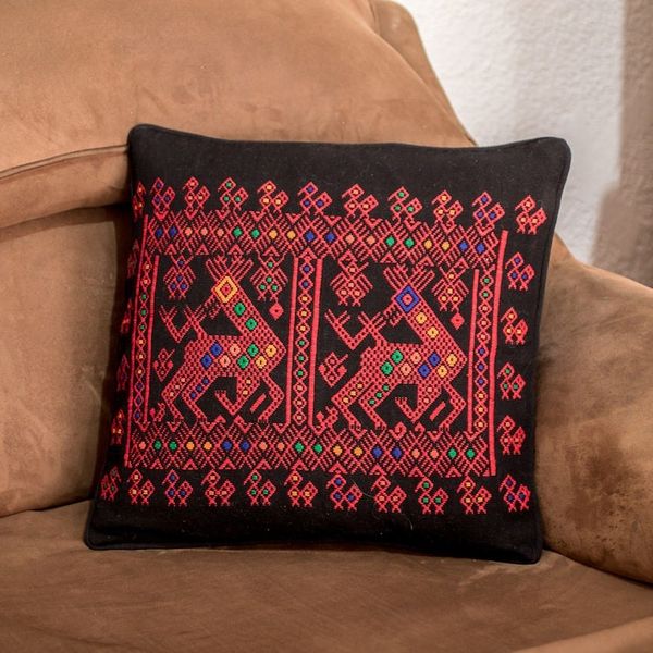 Alternate image for Red Deer Theme Maya Backstrap Black Cotton Cushion Cover Red Maya Deer