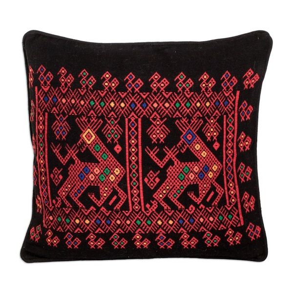 Alternate image for Red Deer Theme Maya Backstrap Black Cotton Cushion Cover Red Maya Deer