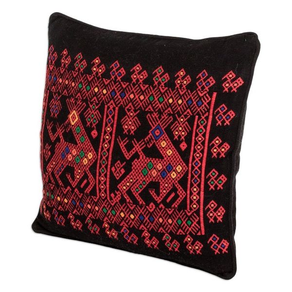 Alternate image for Red Deer Theme Maya Backstrap Black Cotton Cushion Cover Red Maya Deer