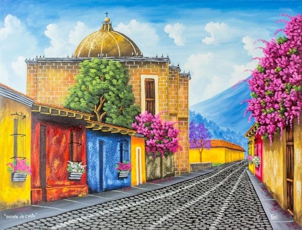 Alternate image for Signed Painting of a Guatemalan Street in Jewel Colors School of Christ Church Barrio