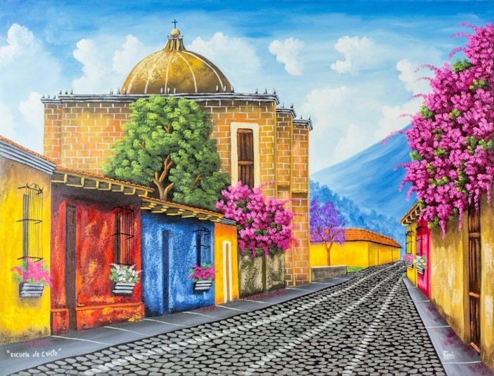 Signed Painting of a Guatemalan Street in Jewel Colors 'School of Christ Church Barrio'