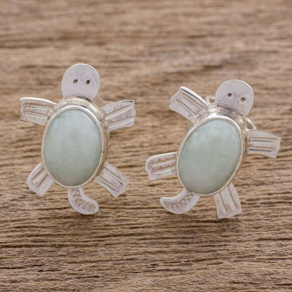 Handcrafted Sterling Silver Sea Turtle Jade Earrings 'Apple Green Marine Turtles'