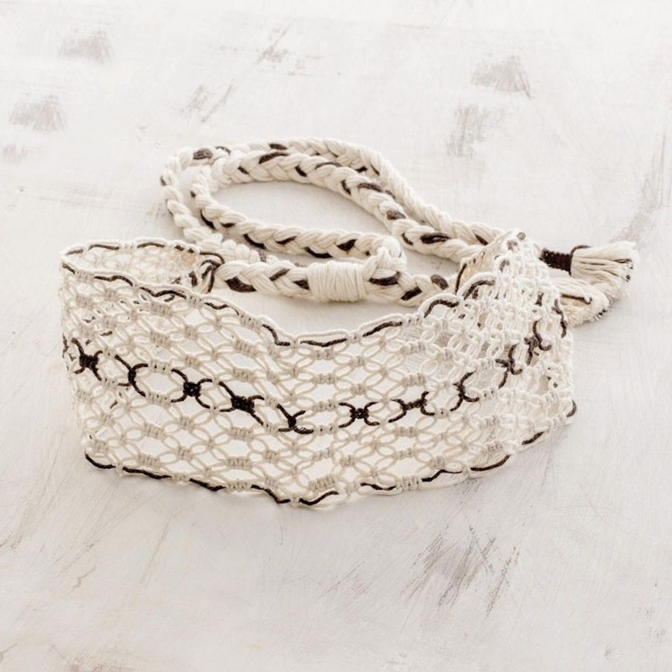 Handcrafted Ivory with Brown Stripe Cotton Macram Headband 'Spiced Vanilla'