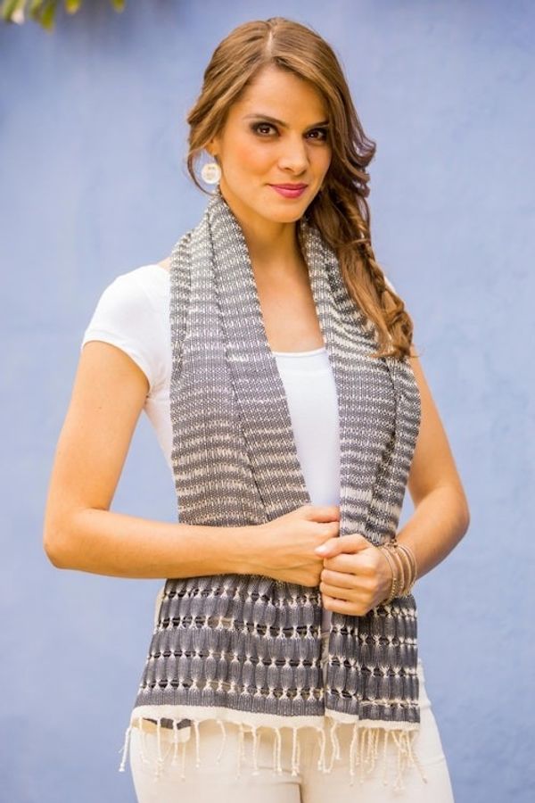 Alternate image for Artisan Designed and Crafted Cotton Scarf in Grey Grey Roads Found