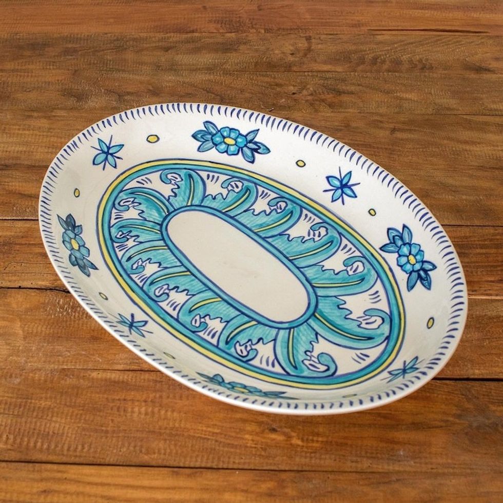 Artisan Crafted Oval Ceramic Platter with Floral Motif 'Bermuda'