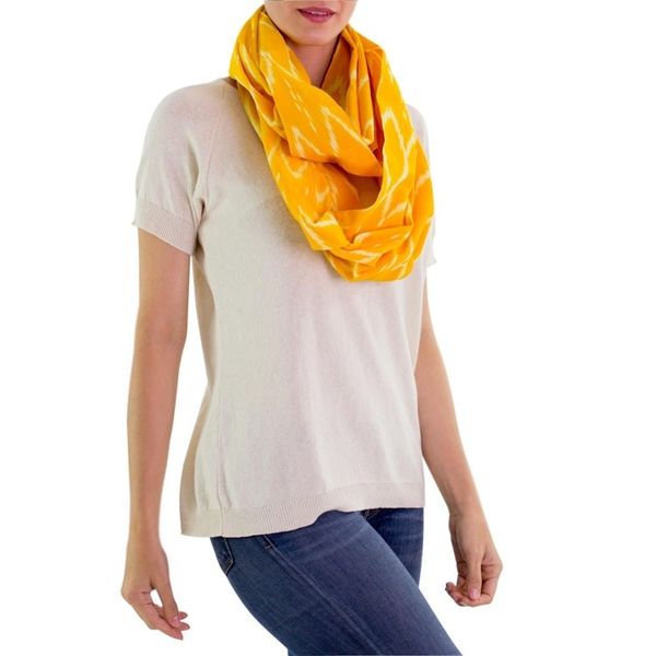 Alternate image for Hand Woven Cotton Infinity Scarf in Bright Yellow and White Maya Sunlight