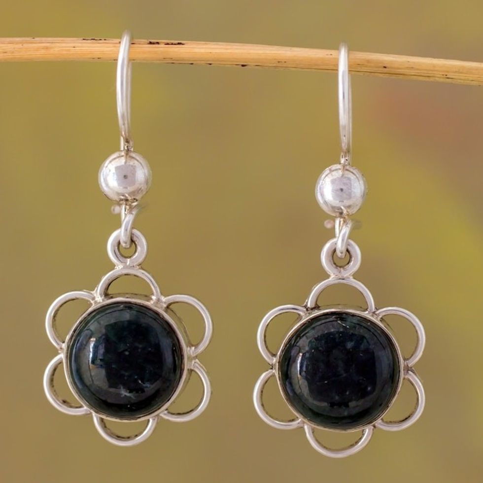 Dark Green Jade Flower Shaped Dangle Earrings from Guatemala 'Country Flower in Dark Green'