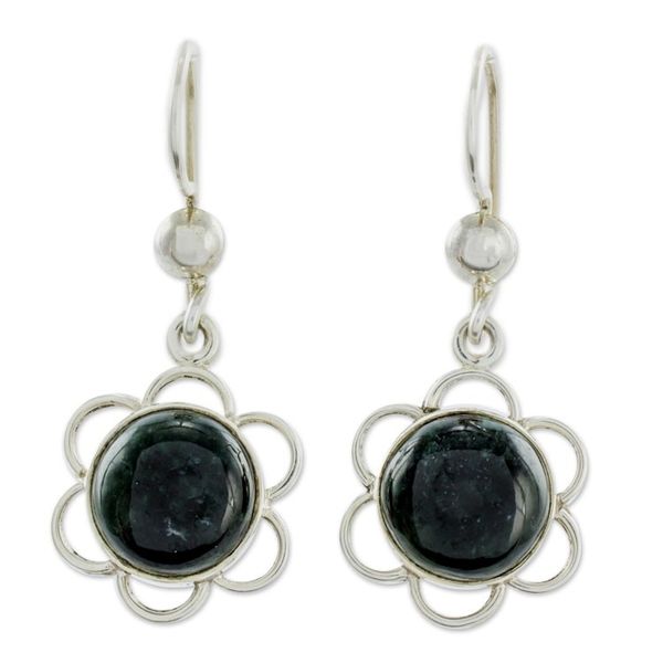 Alternate image for Dark Green Jade Flower Shaped Dangle Earrings from Guatemala Country Flower in Dark Green