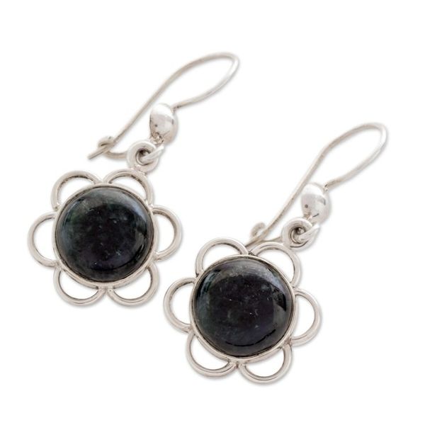 Alternate image for Dark Green Jade Flower Shaped Dangle Earrings from Guatemala Country Flower in Dark Green