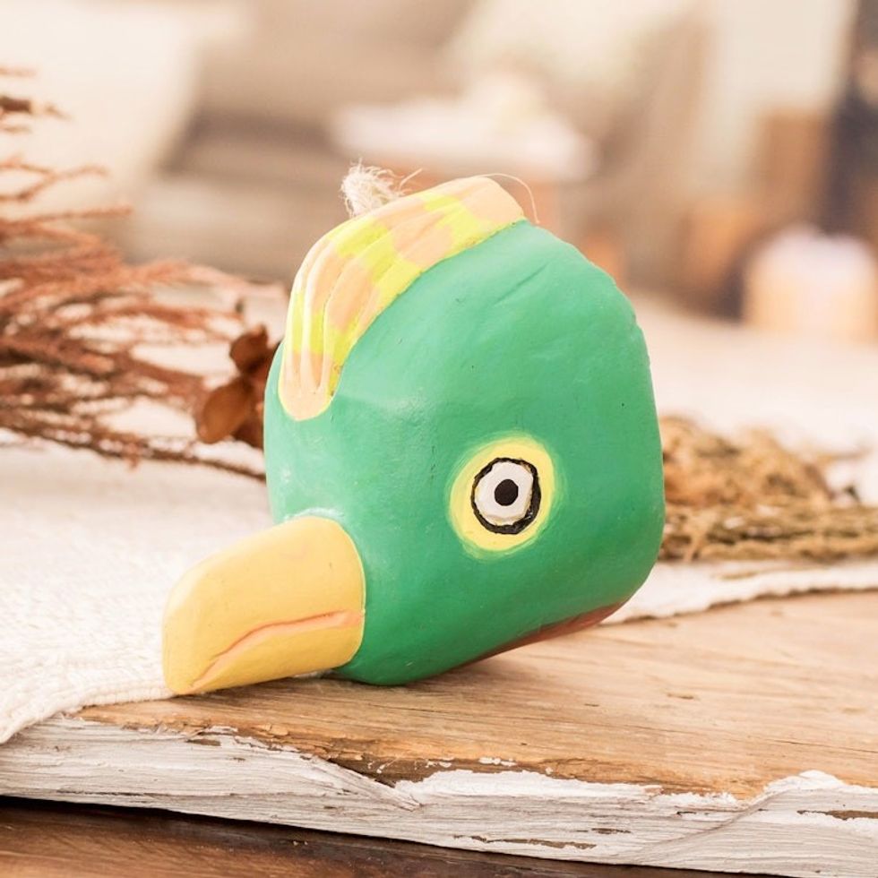 Green Pinewood Folk Art Bird Mask from Guatemala 'Guatemalan Quetzal Bird'