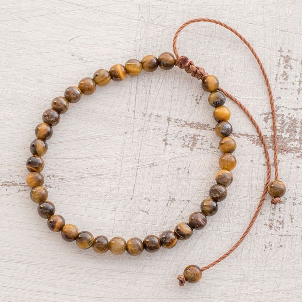 Adjustable Tiger's Eye Beaded Bracelet from Guatemala 'Earthen Sweetness'