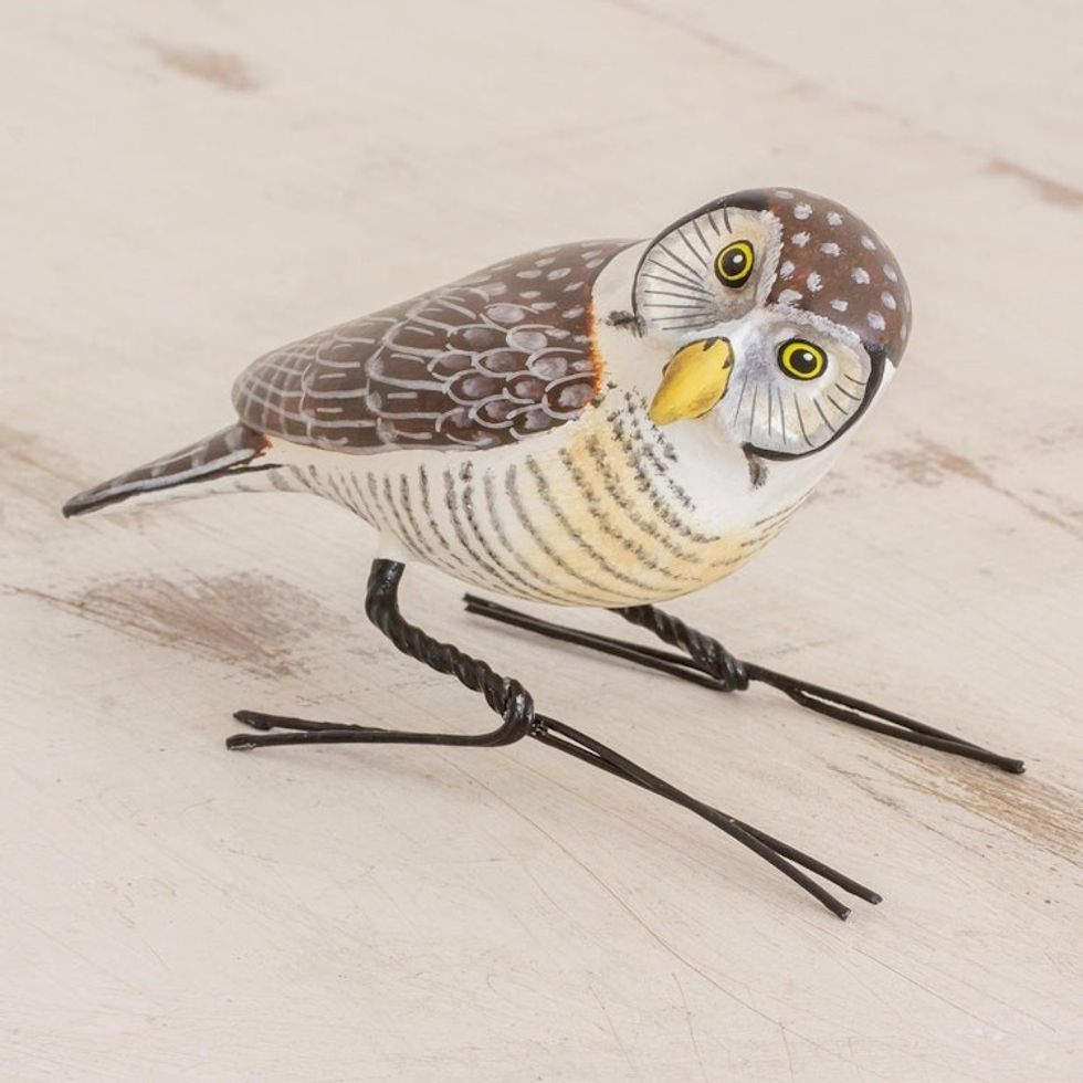 Handcrafted White and Brown Hawk Owl Ceramic Figurine 'Hawk Owl'
