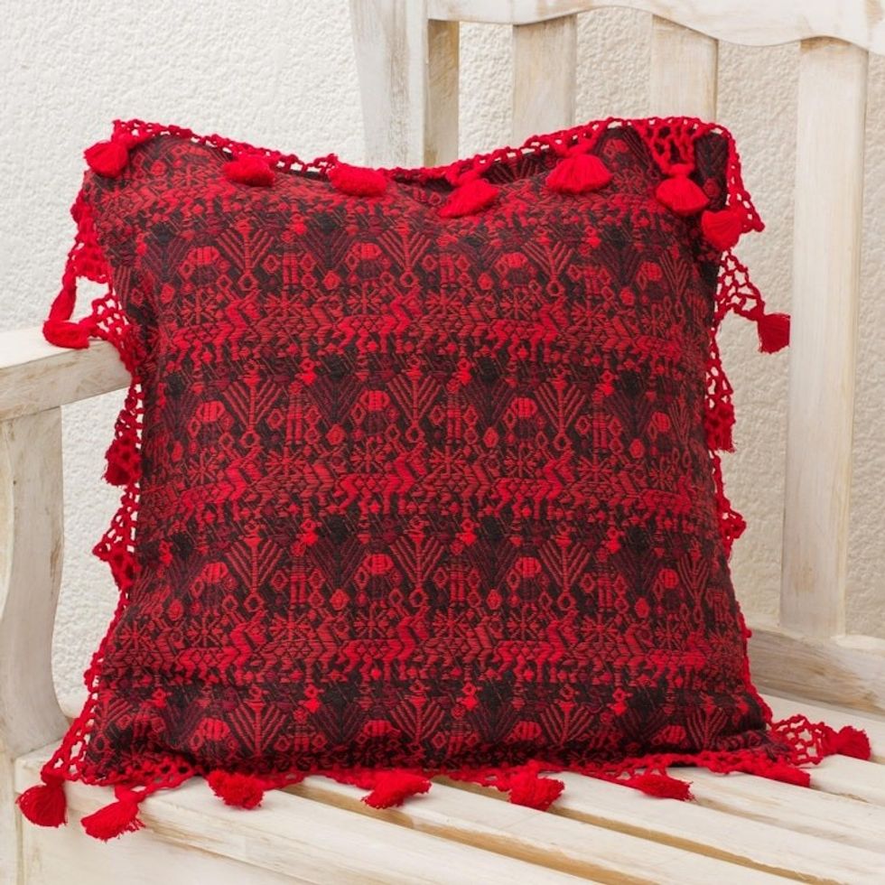Red Stars and Diamonds Handwoven Maya Cushion Cover 'Tactic Crimson'