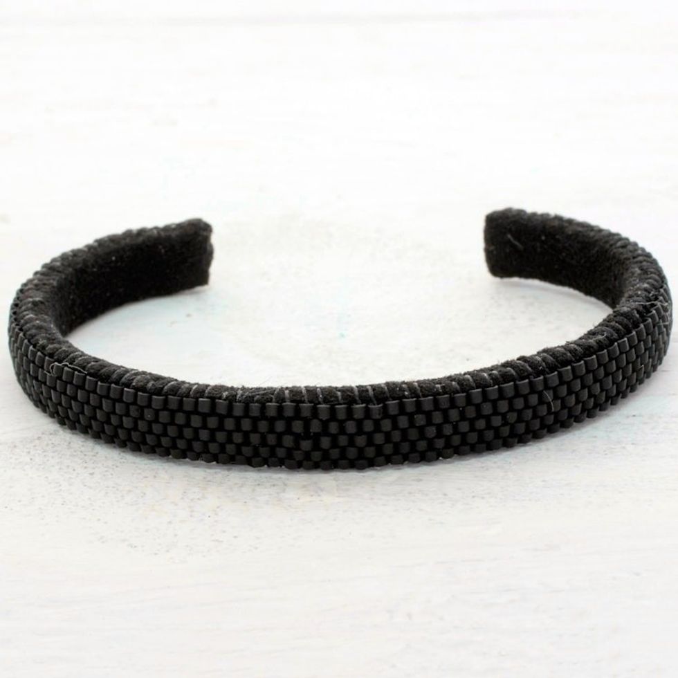 Glass Beaded Cuff Bracelet in Solid Black from El Salvador 'Beautiful Horizon in Black'