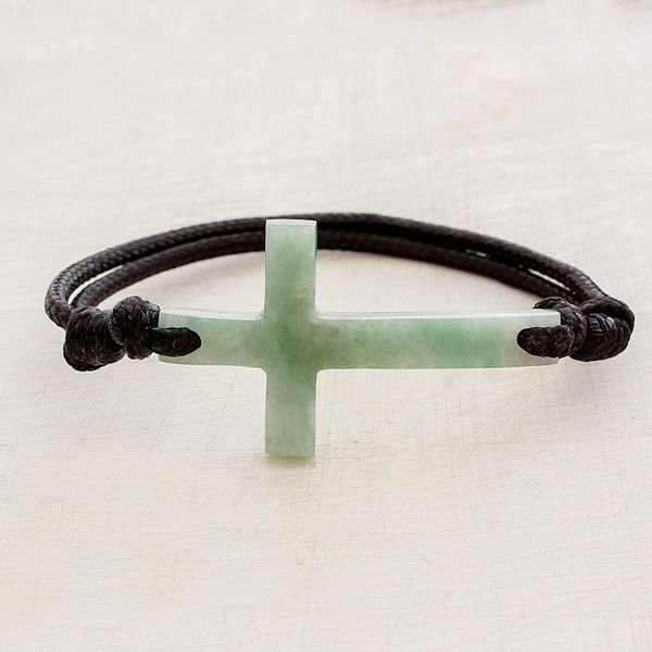 Alternate image for Cross-Shaped Apple Green Jade Bracelet from Guatemala Maya Faith in Apple Green