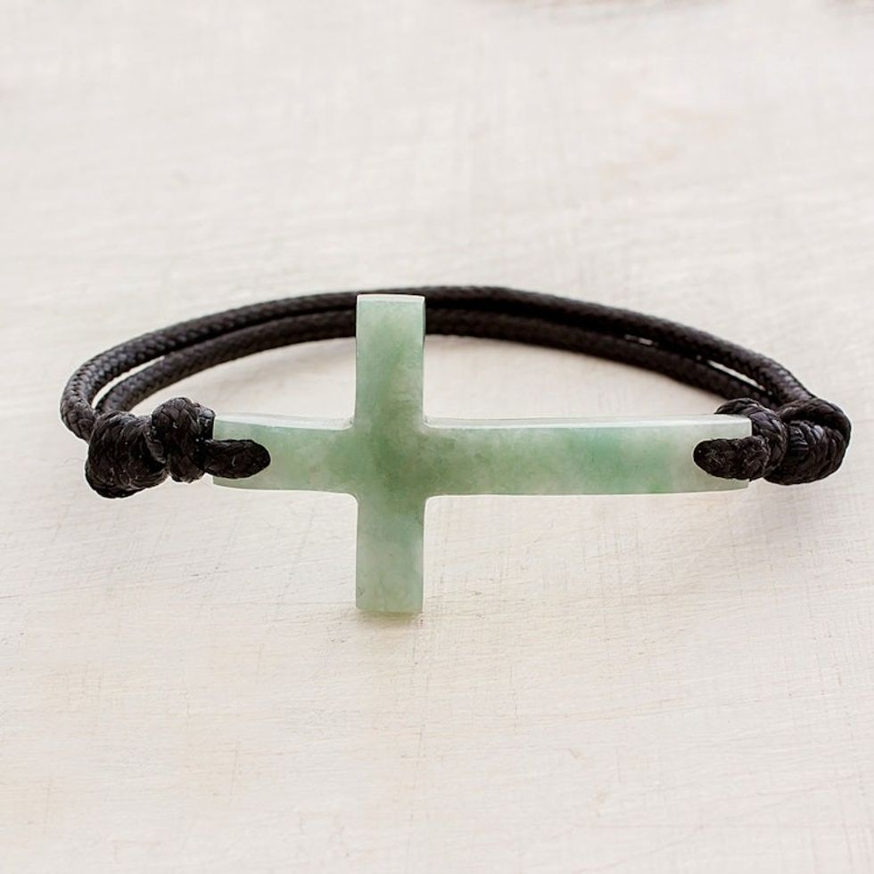 Cross-Shaped Apple Green Jade Bracelet from Guatemala 'Maya Faith in Apple Green'