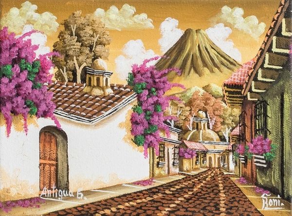 Alternate image for Nostalgic Small Scale Oil Painting of Antigua in Sepia Antigua Guatemala II