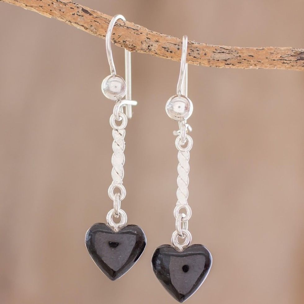 Heart-Shaped Black Jade Dangle Earrings from Guatemala 'Black Spirals of Love'