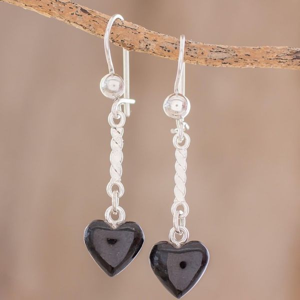 Alternate image for Heart-Shaped Black Jade Dangle Earrings from Guatemala Black Spirals of Love