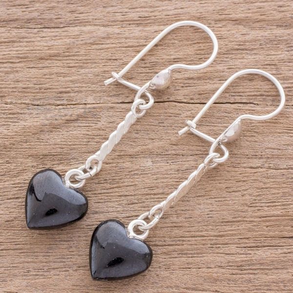 Alternate image for Heart-Shaped Black Jade Dangle Earrings from Guatemala Black Spirals of Love