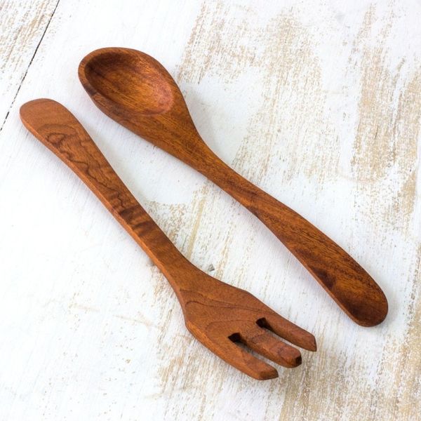Alternate image for Artisan Handmade Salad Serving Spoon and Fork Set Forest Song