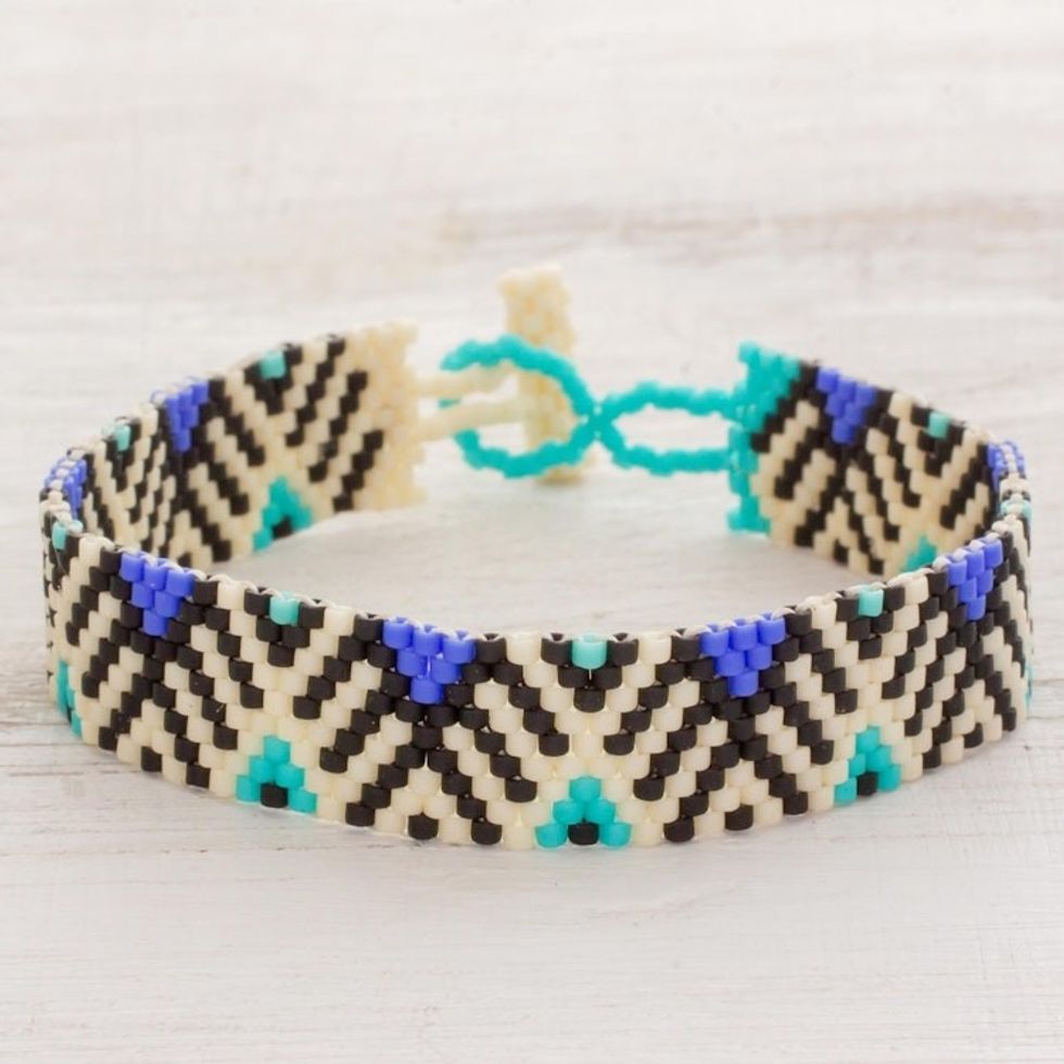 Blue and Black Geometric Woven Bead Wristband Bracelet 'Twilight Mountains'