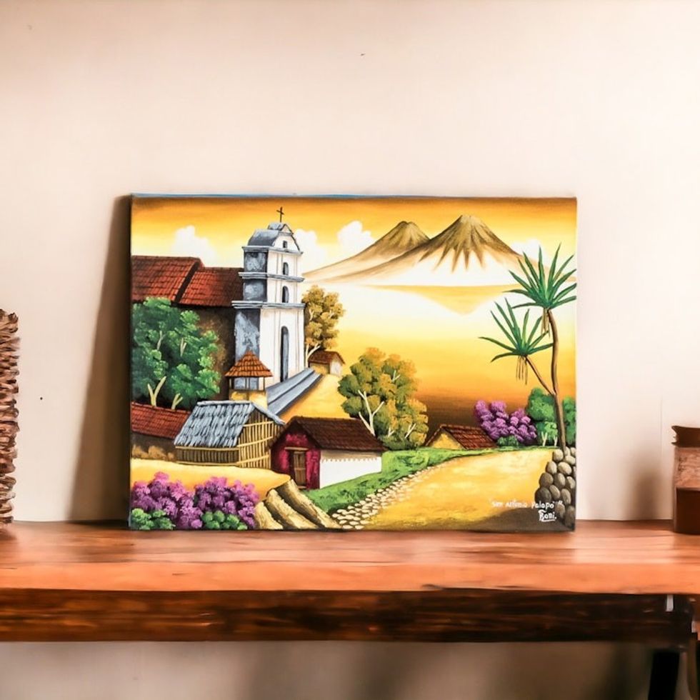 Signed Oil on Canvas Lake Atitlan Landscape Painting 'San Antonio Palopo II'