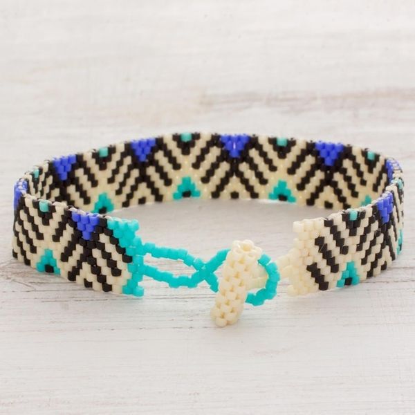 Alternate image for Blue and Black Geometric Woven Bead Wristband Bracelet Twilight Mountains